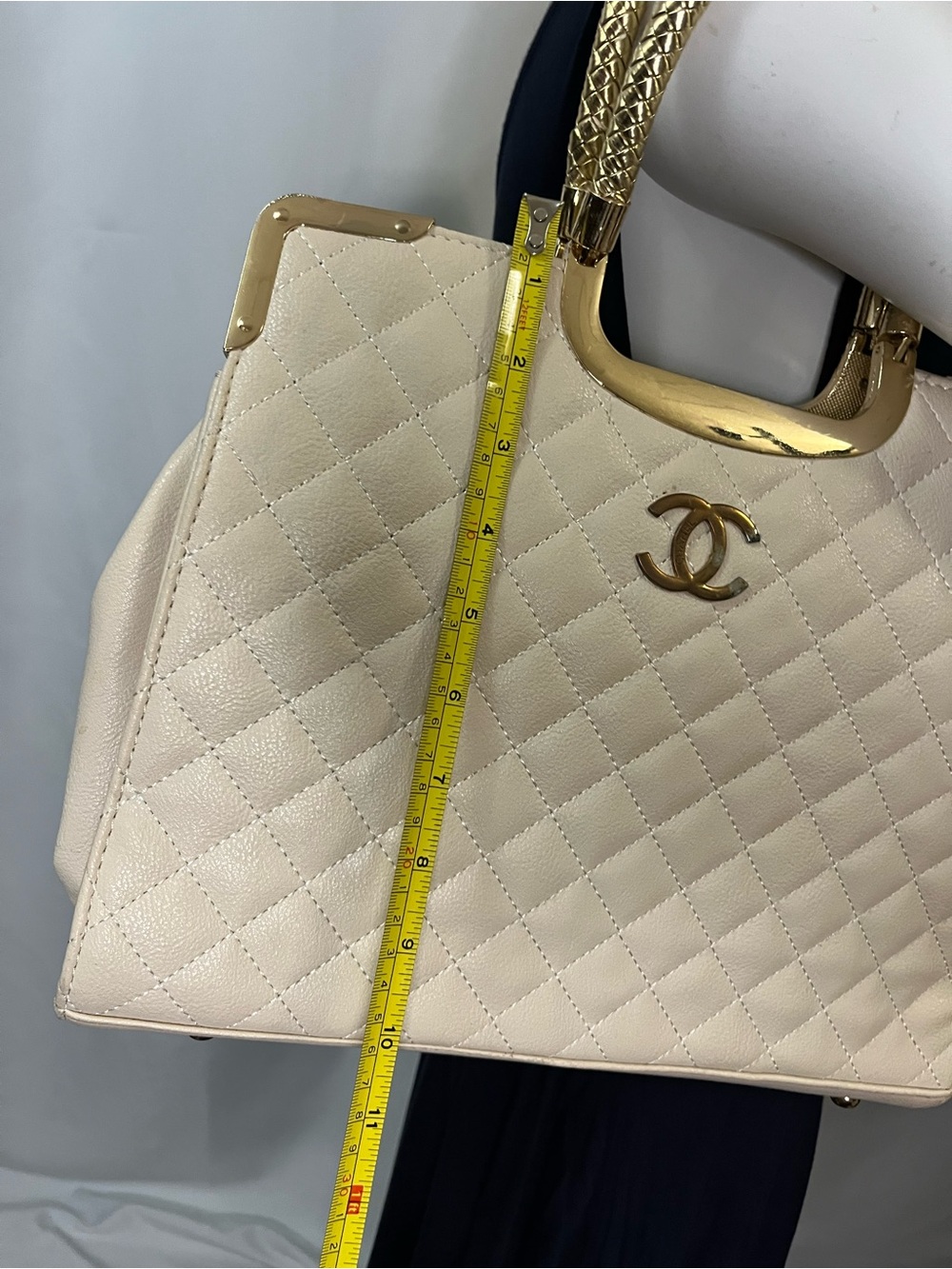 Quilted CC Top-Handle Tote in Cream with Gold Hardware - Picture 3 of 11